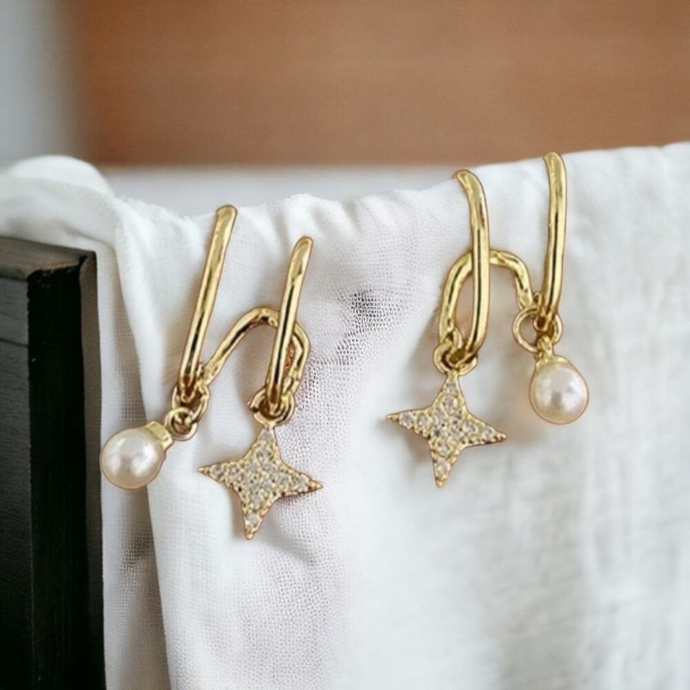 NEW 14K yellow gold plated star bead dangle drop earrings jewelry B28A